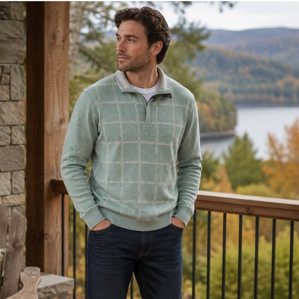 Men’s Sage Green Windowpane Quarter Zip Sweater Large Cotton Preppy Heritage